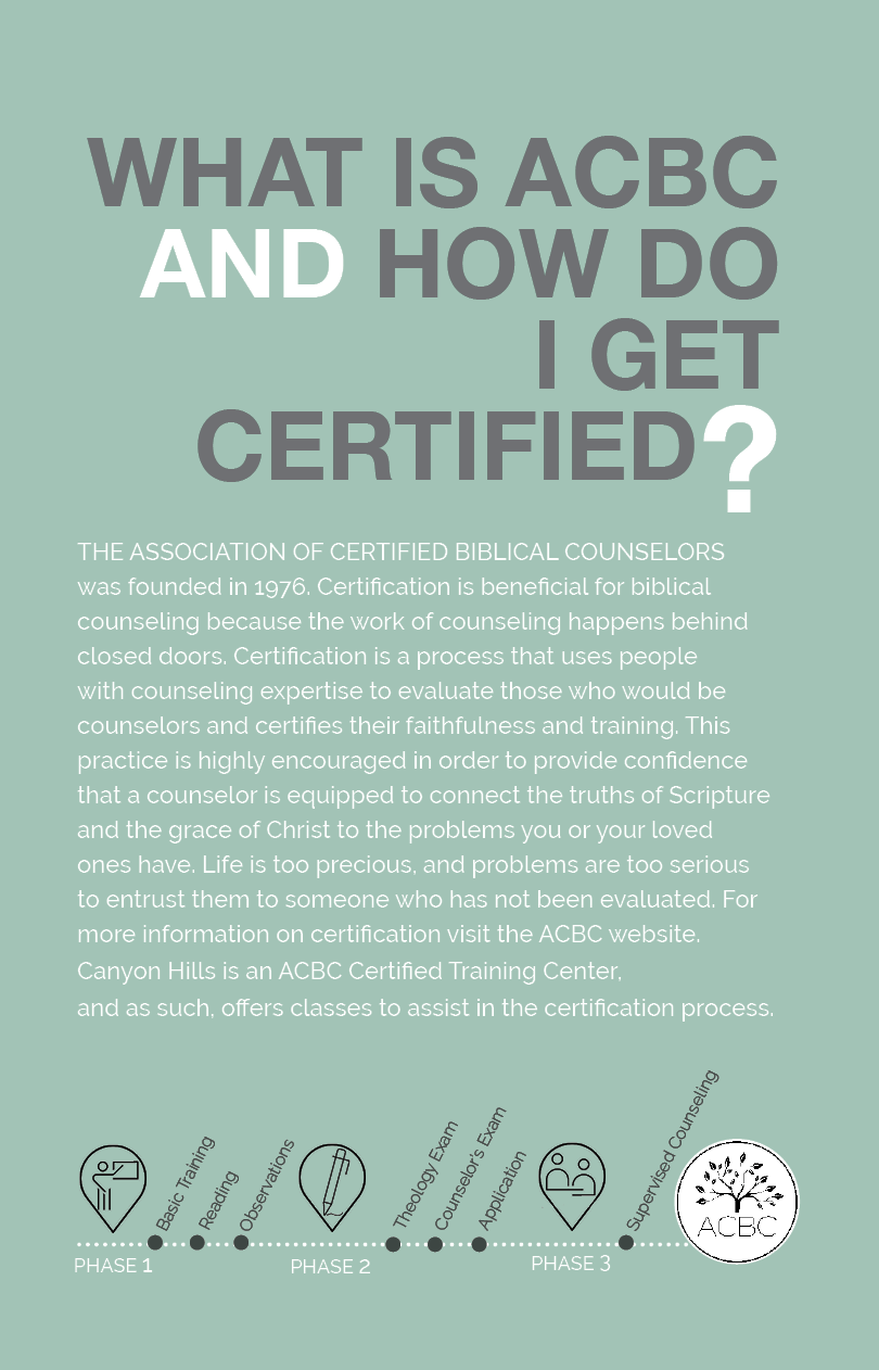 The Association of Certified Biblical Counselors was founded in 1976  Certification is beneficial for biblical counse   
